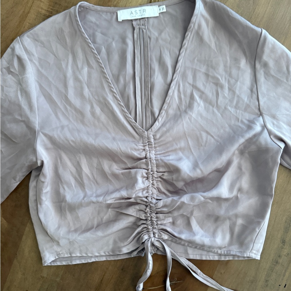 ASTR Women's Ruched Beige Long Sleeve Top